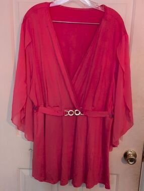 Hot Pink Sheer Wing Arms Shirt With Stylish Bling In Front